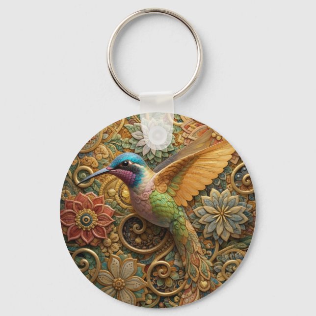 Hummingbird in Ornamental Flowers Key Ring (Front)