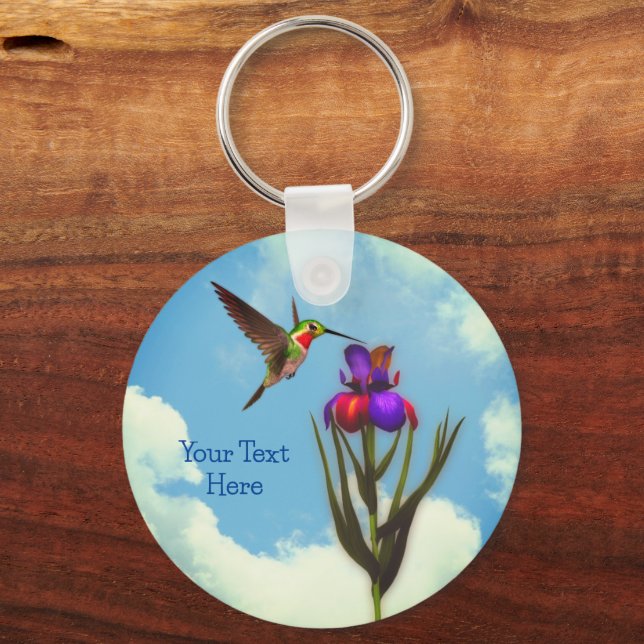 Hummingbird Iris Flower Personalised Key Ring (Front)
