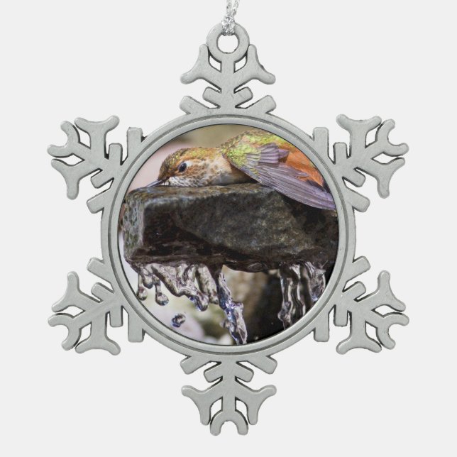 Hummingbird  Laying in Water Snowflake Pewter Christmas Ornament (Front)