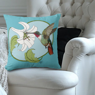 Hummingbird Lily Blue Art Nouveau Cushion