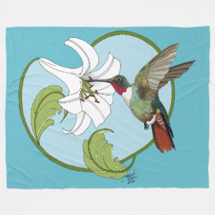 Hummingbird Lily Blue Art Nouveau Fleece Blanket
