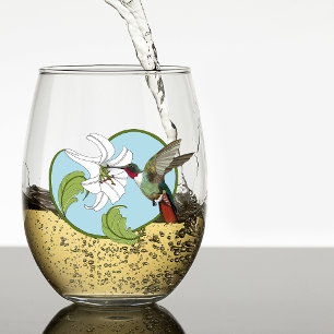 Hummingbird Lily Blue Art Nouveau Stemless Wine Glass
