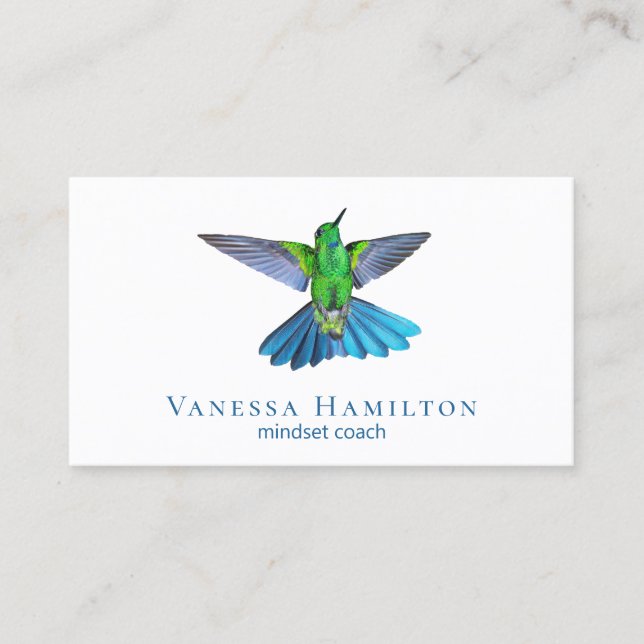 Hummingbird Minimal Modern White Blue Business Card (Front)