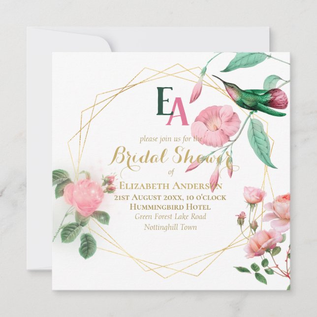Hummingbird Mint Green Pink Gold Bridal Shower Invitation (Front)