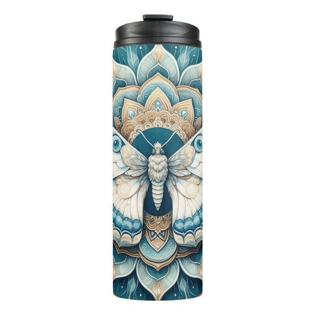 Hummingbird Moth Mandala in Gold, White, and Blue Thermal Tumbler (Front)