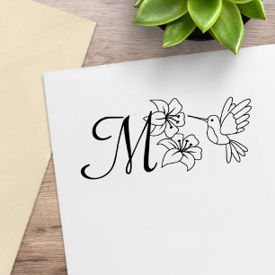 Hummingbird near Flowers Monogram Rubber Stamp