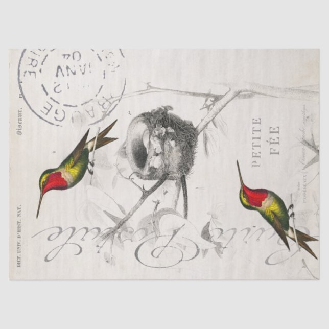 Hummingbird Nest Vintage French Postmark Decoupage Tissue Paper (Front)