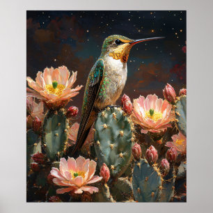 Hummingbird on a Blooming Cactus Poster
