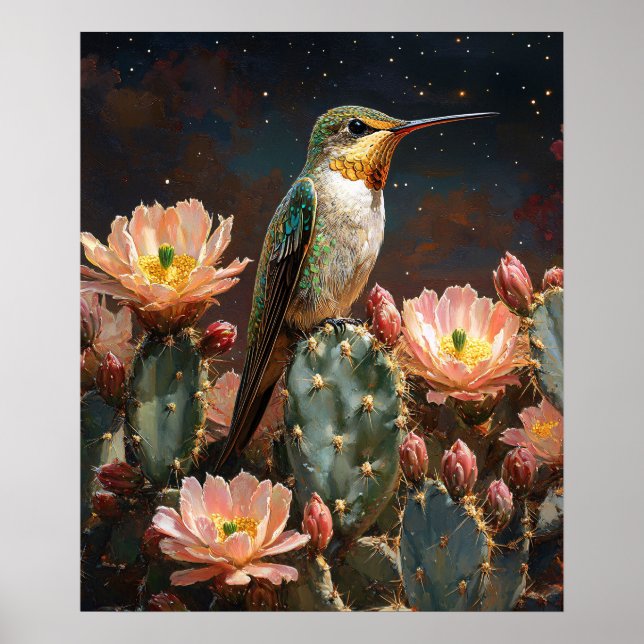 Hummingbird on a Blooming Cactus Poster (Front)