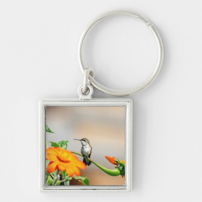 Hummingbird on a flowering plant key ring (Front)