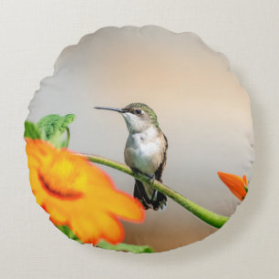 Hummingbird on a flowering plant round cushion