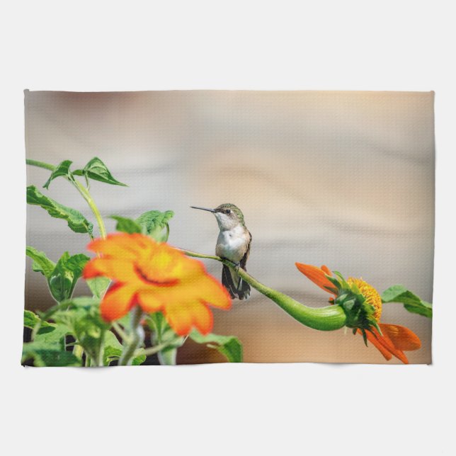 Hummingbird on a flowering plant tea towel (Horizontal)