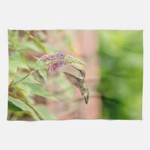 Hummingbird on a flowering plant tea towel