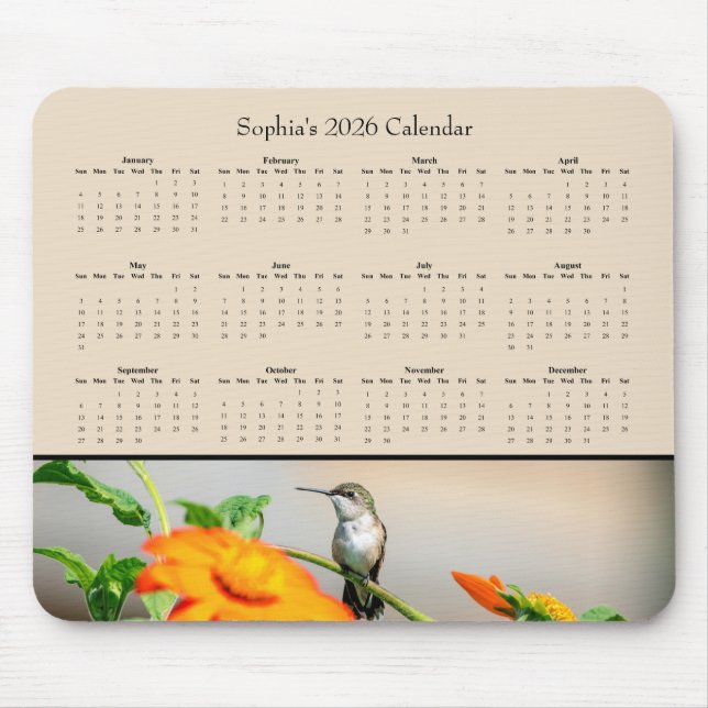 Hummingbird on an Orange Flower – 2026 Calendar Mouse Mat (Front)