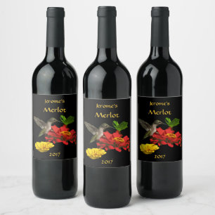 Hummingbird on Garden Flowers Wine Label