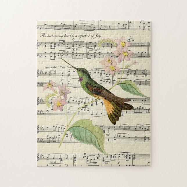 hummingbird on vintage music sheet joy jigsaw puzzle (Vertical)