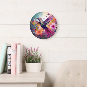 Hummingbird Paradise Pink and Purple Large Clock
