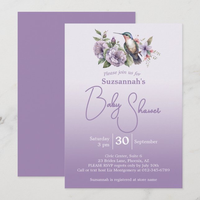 Hummingbird Pastel Purple Ombre Baby Shower  Invitation (Front/Back)
