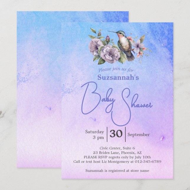 Hummingbird Pastel Watercolor Baby Shower  Invitation (Front/Back)