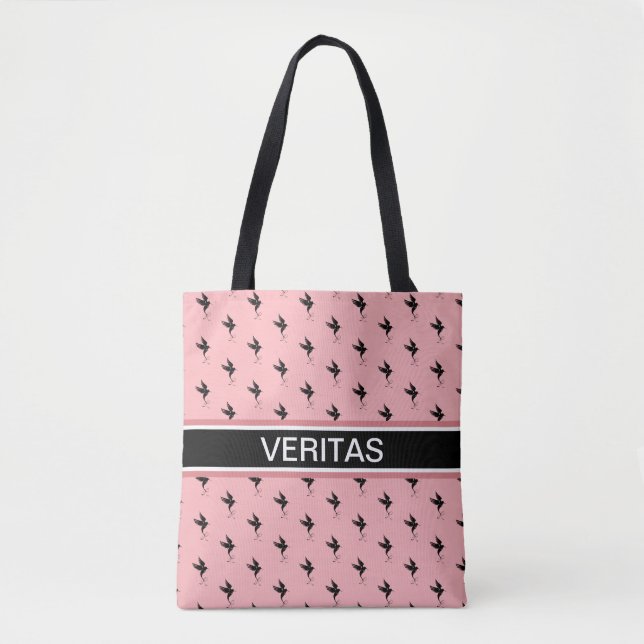 Hummingbird pattern on black and coral pink tote bag (Front)