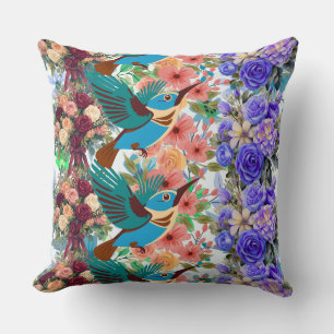 hummingbird pattern shirt, blue rose cushion