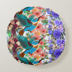hummingbird pattern shirt, blue rose round cushion