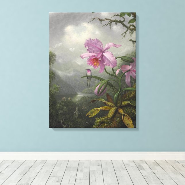 Hummingbird Perched on an Orchid Plant by MJ Heade Canvas Print (Insitu(Wood Floor))