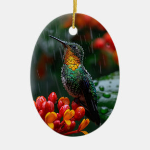 Hummingbird Perched on Bright Flower Ceramic Tree Decoration