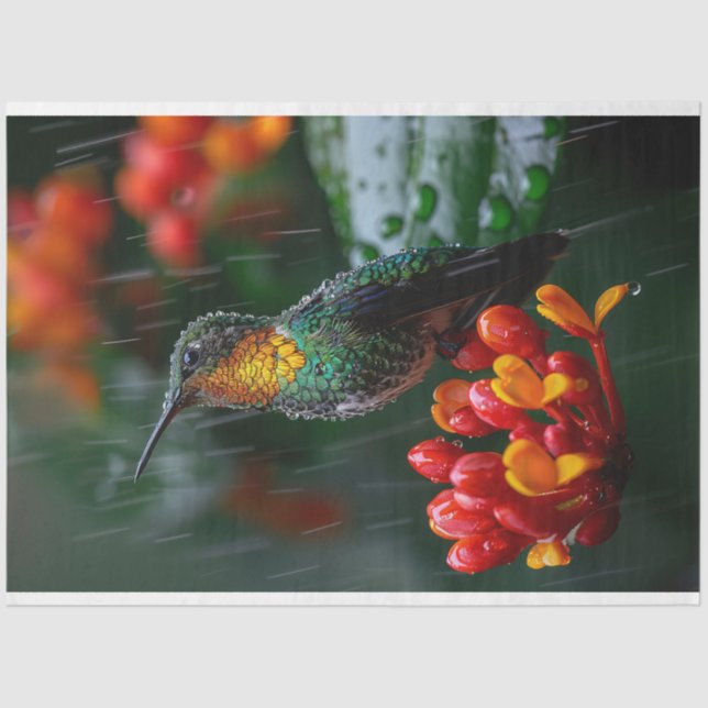 Hummingbird Perched on Bright Flower Decoupage Tissue Paper (Front)