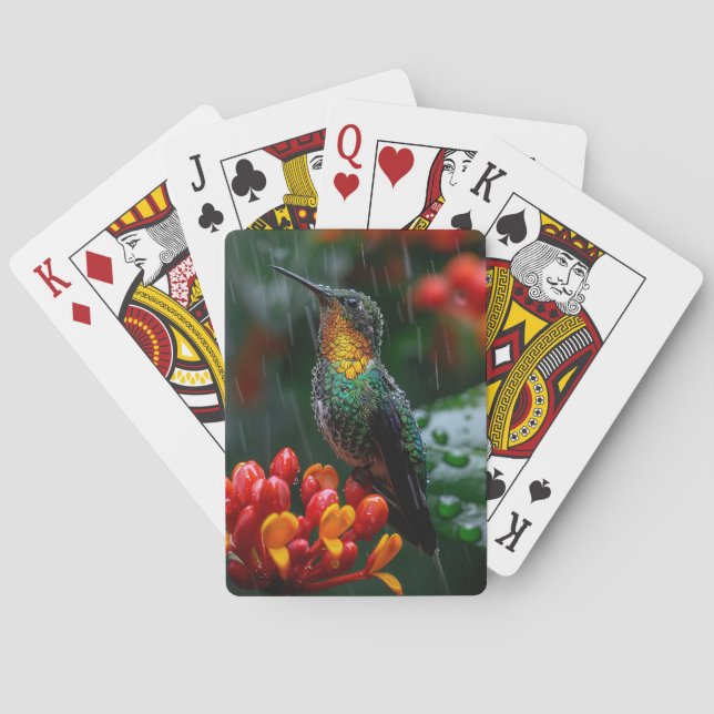 Hummingbird Perched on Bright Flower Playing Cards (Back)
