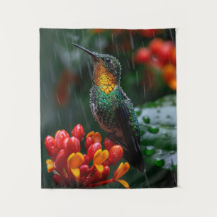 Hummingbird Perched on Bright Flower Tapestry