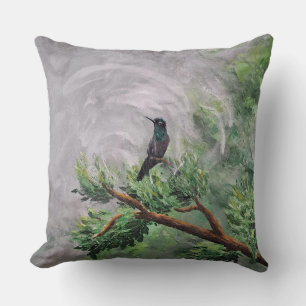 Hummingbird Perched on Leafy Branch Cushion