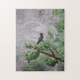 Hummingbird Perched on Leafy Branch Jigsaw Puzzle