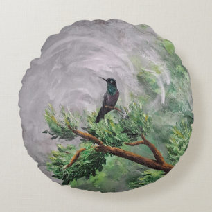 Hummingbird Perched on Leafy Branch Round Cushion