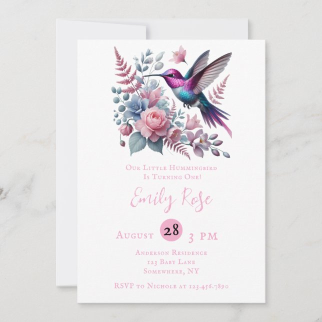 Hummingbird & Pink Blooms Girl Birthday Party Invitation (Front)