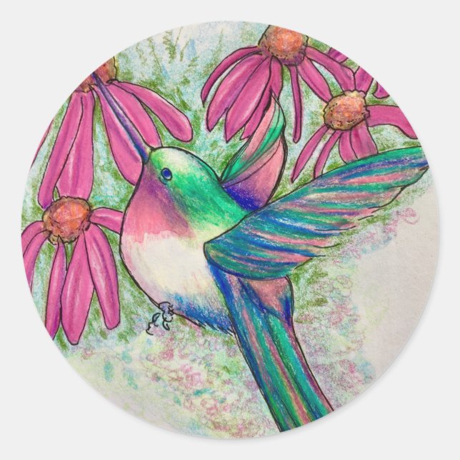 Hummingbird Pink Coneflowers Watercolor Classic Round Sticker (Front)