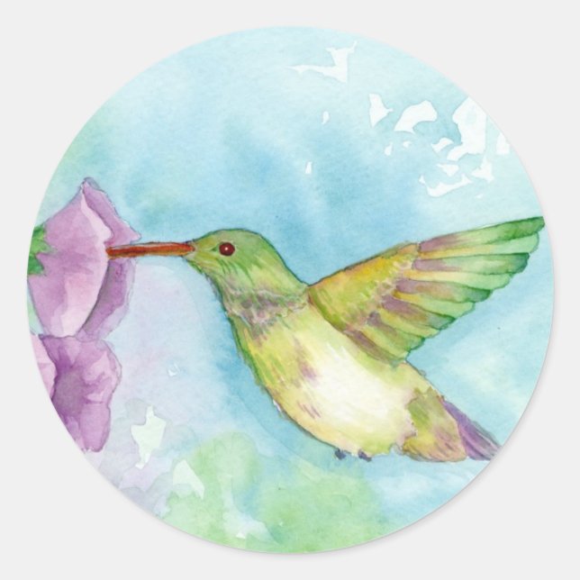 Hummingbird Pink Hollyhock Flowers Blue Classic Round Sticker (Front)
