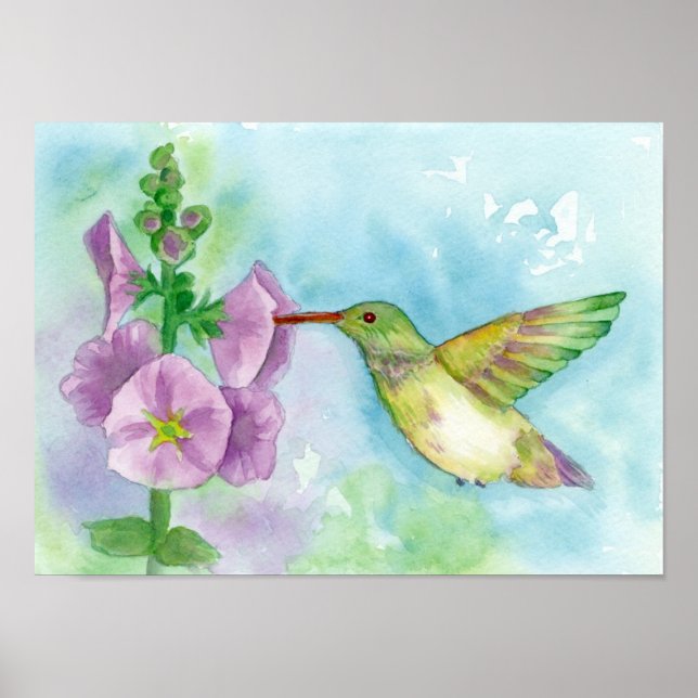 Hummingbird Pink Hollyhock Flowers Watercolor Poster (Front)