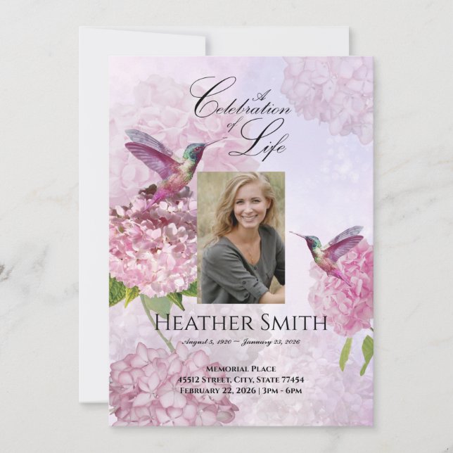 Hummingbird Pink Hydrangeas Celebration of Life  Invitation (Front)