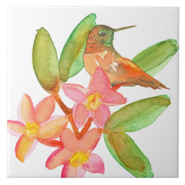 Hummingbird Plumeria Watercolor Flowers Tile (Front)