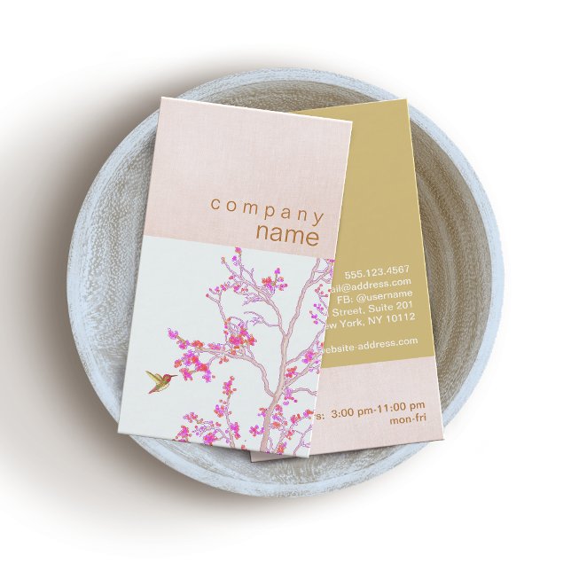Hummingbird Pretty Pink Buds Branch Makeup Artist Business Card (Creator Uploaded)