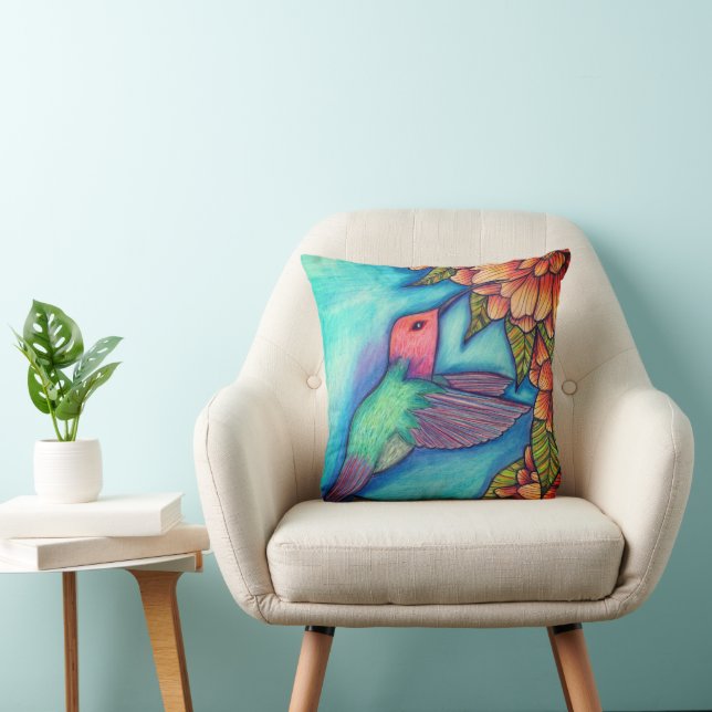 Hummingbird Print Throw Pillow Floral Square (Chair)