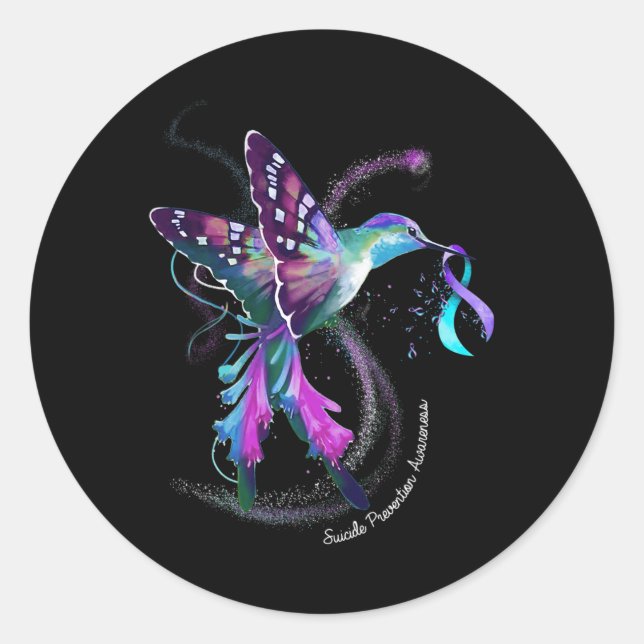 Hummingbird Purple Blue Ribbon Suicide Prevention  Classic Round Sticker (Front)