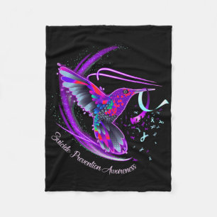 Hummingbird Purple Blue Ribbon Suicide Prevention Fleece Blanket