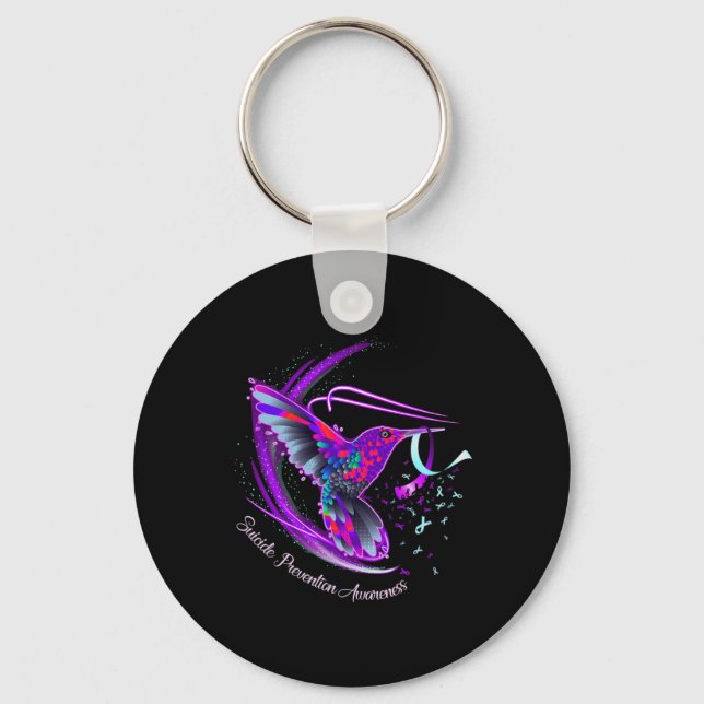 Hummingbird Purple Blue Ribbon Suicide Prevention  Key Ring (Front)