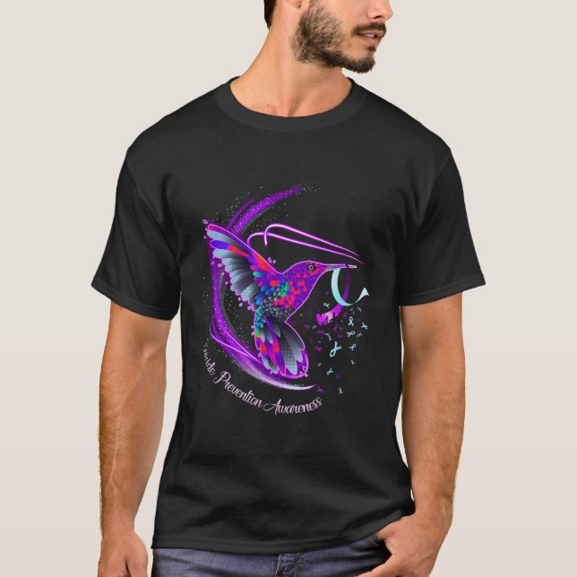 Hummingbird Purple Blue Ribbon Suicide Prevention  T-Shirt (Front)