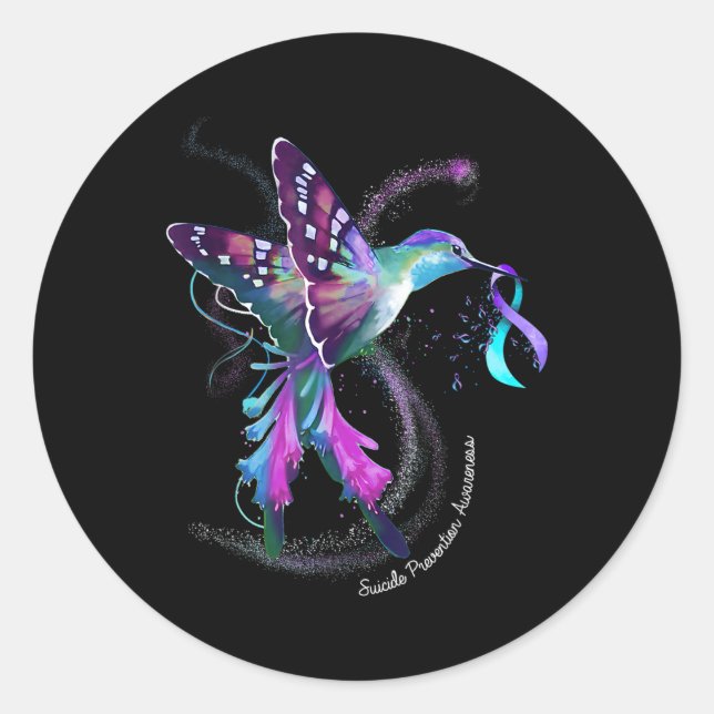Hummingbird Purple Ribbon Suicide Prevention Aware Classic Round Sticker (Front)