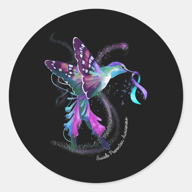 Hummingbird Purple Ribbon Suicide Prevention Aware Classic Round Sticker (Front)