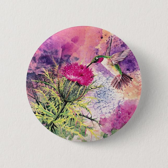 Hummingbird Purple Thistle Art Print 6 Cm Round Badge (Front)