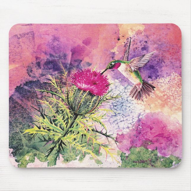 Hummingbird Purple Thistle Art Print Mousepad (Front)